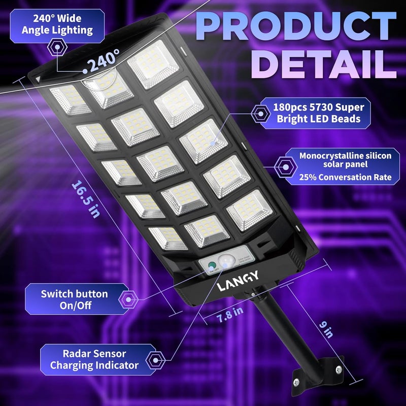 LANGY Solar Street Lights Outdoor Waterproof 4pcs, 6500K 60000LM Wide Angle Solar Powered Flood Lights with Motion Sensor & Remote Control, Dusk to Dawn Commercial Solar Outdoor Lights for Parking - Image 2